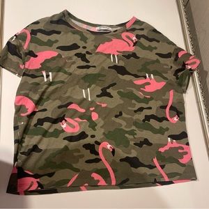 Pink Flamingo Zara Trafaluc T-Shirt Top Green Camouflage Boxy Shape Size Small